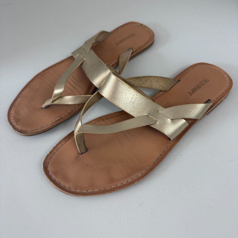 Old Navy Gold Thong Slide Sandals Womens 7.5 Metallic Flat Slip On